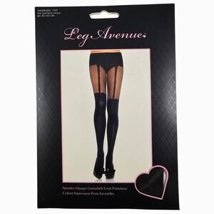 New Leg Avenue Pantyhose One Size Black Spandex Opaque Garter Belt Look Lingerie